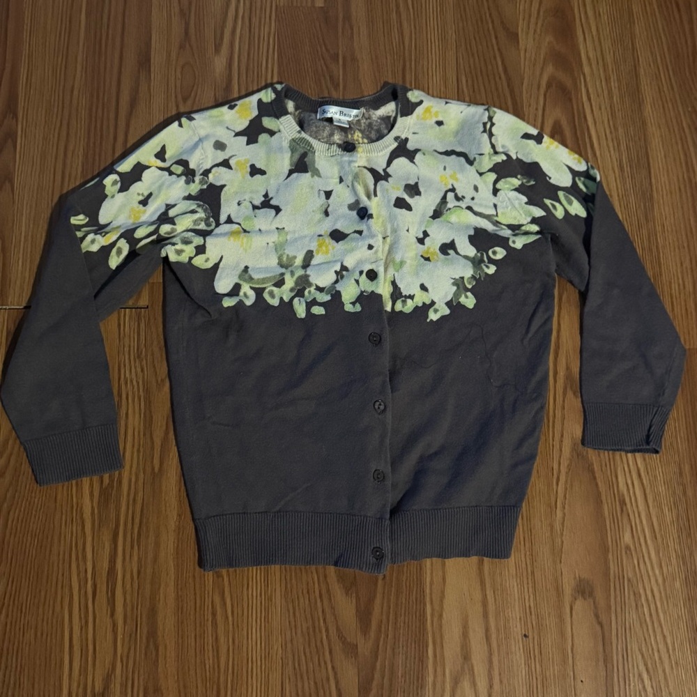Susan Bristol Gray Floral Button Up Cardigan‎ Sweater Size S NWOT vintage y2k